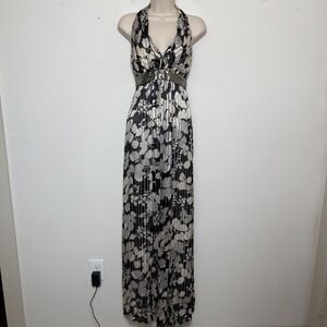 Kay Unger Women Babydoll Maxi Dress 2 Black Floral Crinkle Sequins Y2K Halternec